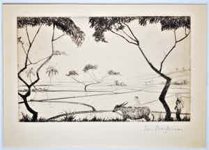Jan Poortenaar - Rijstvelden, Bali - droge naald ets - ingelijst verkocht voor € 40!