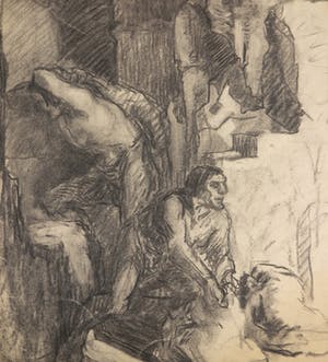 Niet of onleesbaar gesigneerd - Houtskooltekening, Twee figuren in een grot kopen? Bied vanaf 1!