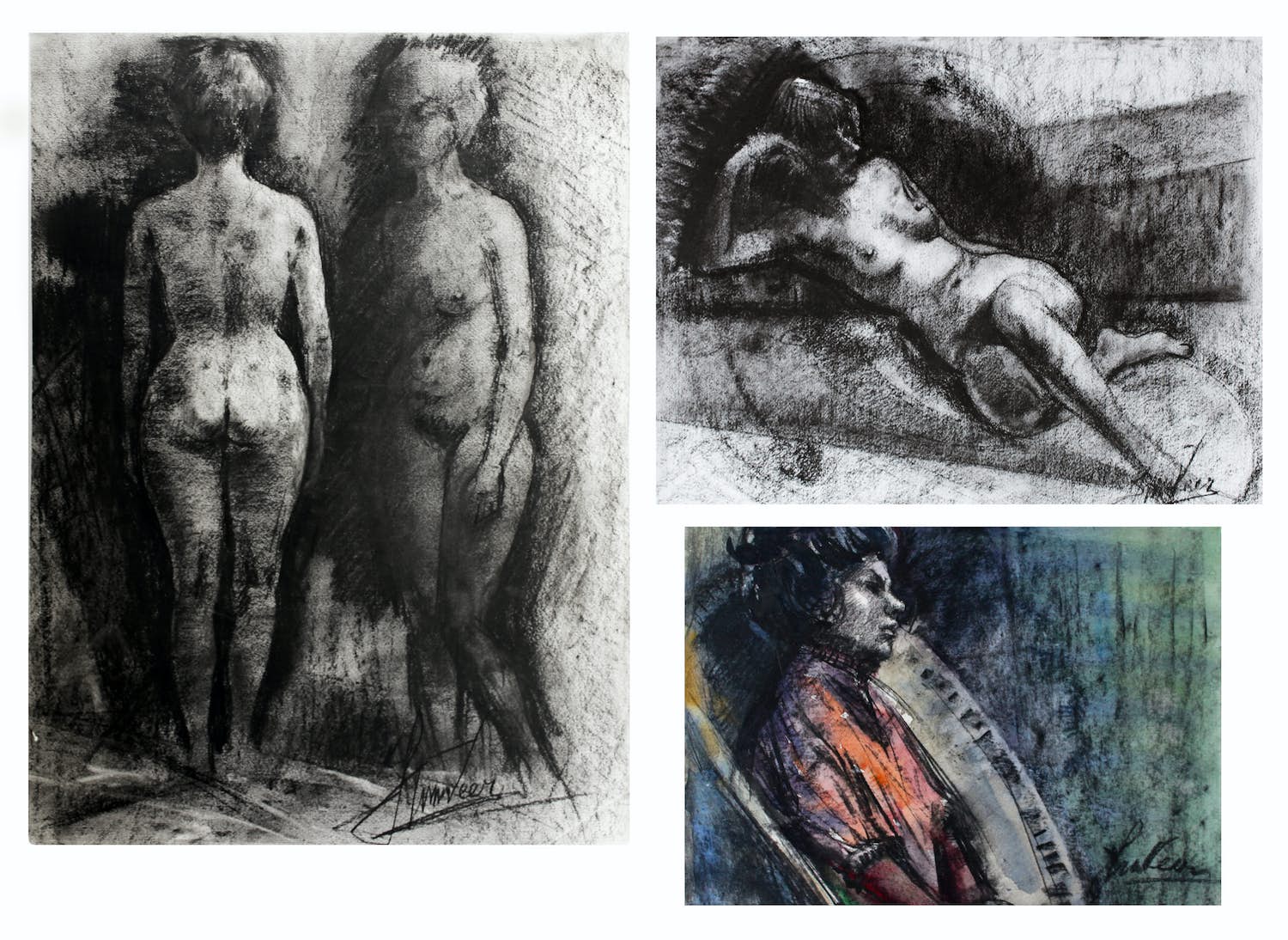 Jan van der Veer - drie tekeningen - 2 x naakt en 1x portret verkocht voor € 60!