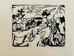 Arie Zuidersma - Linosnede - Landschap met Hooiberg verkauft für € 50!
