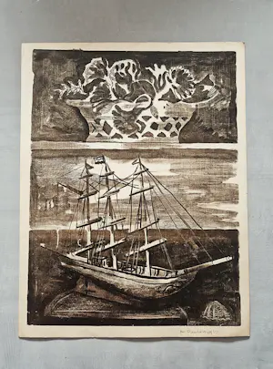 Jan Peeters - in 1950 gemaakte monochrome lithografie "stilleven met driemaster" potloodgesign kopen? Bied vanaf 31!