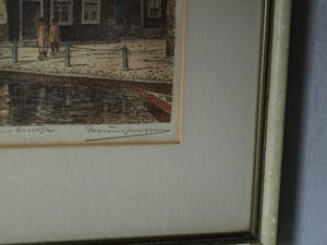 Marius Johannes Janssen - Ingelijste en ingekleurde ets , Zakkendragershuisje Schiedam – ca. 1950 kopen? Bied vanaf 35!