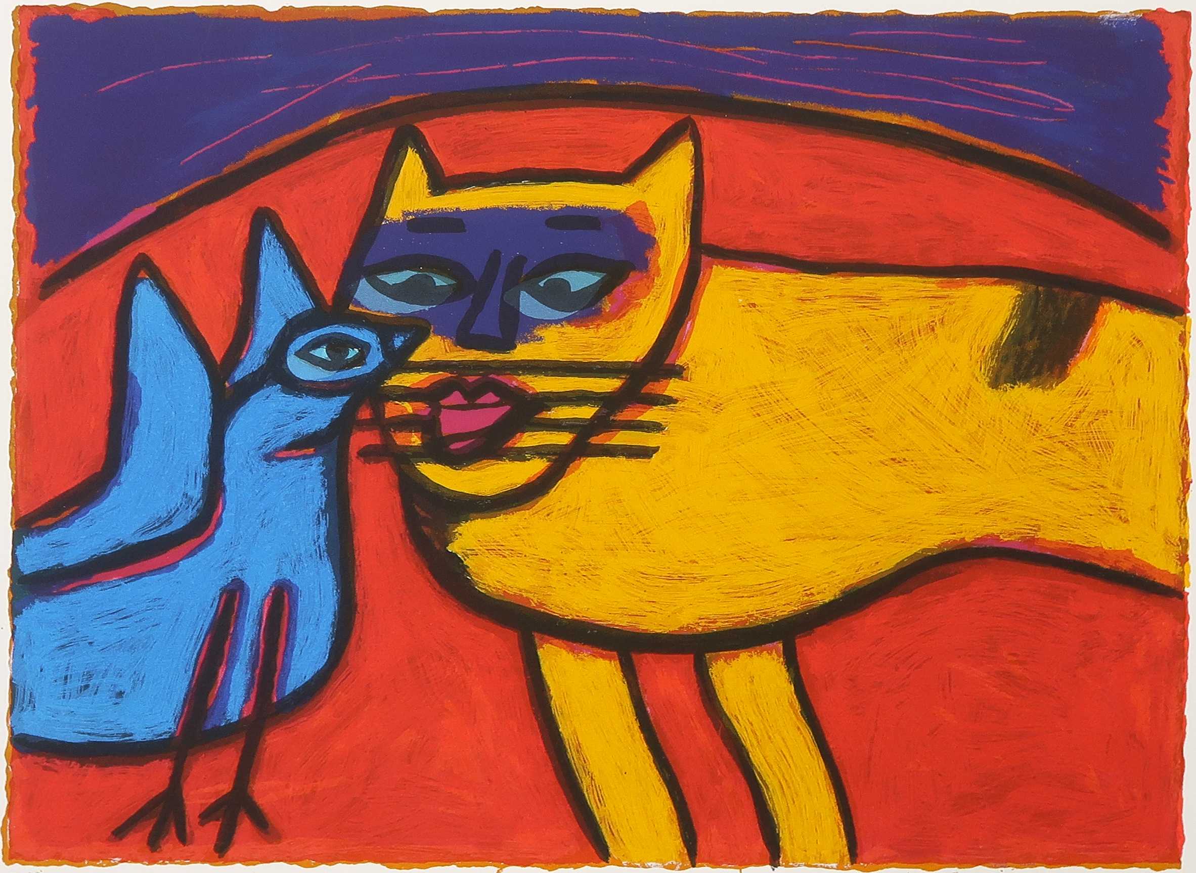 Corneille - Zeefdruk, Oiseau bleu avec chat jaune kopen? Bied vanaf 80!