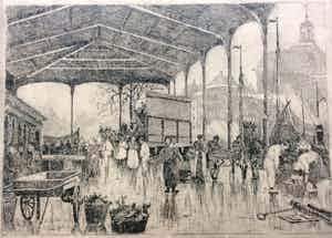Chris Snijders - 1881-1943 Ets Vismarkt en Luthersekerk te Rotterdam verkocht voor € 45!