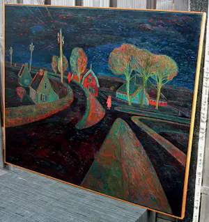 Dirk Breed - Ingelijste olieverf op doek: Noord-Hollands landschap met huizen langs een dijk kopen? Bied vanaf 1500!