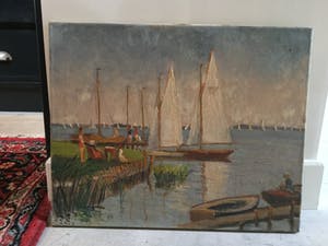 Claas Prins - C3879-6 - Zeilbootjes aan de steiger, vermoedelijk loosdrecht of muiderberg kopen? Bied vanaf 250!