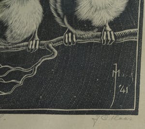 Jan Christiaan Maas - Ingelijste houtsnede , 2 Jonge vogeltjes – 1941 kopen? Bied vanaf 1!