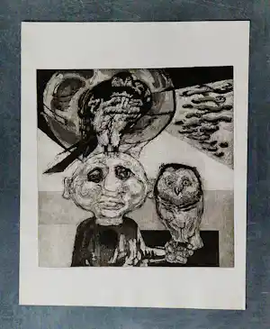 Jan van Helden - Monochrome Ets&Aquatint "iedereen meent zijn uil..." zeer kleine oplage(20) verkauft für € 50!