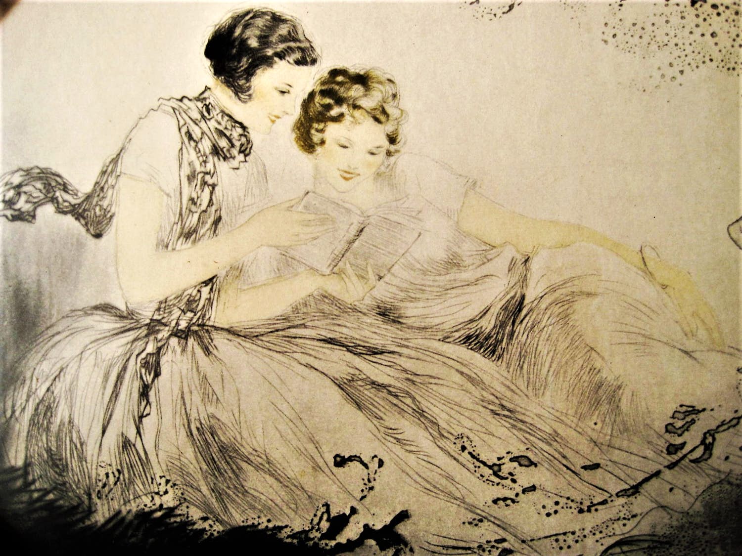 Niet of onleesbaar gesigneerd - laat 19e eeuw Franse? Art Nouveau tekening "lezende vrouwen" niet gesign. kopen? Bied vanaf 1!