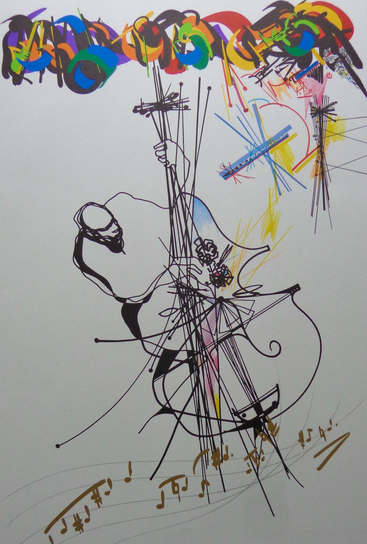 Raymond Moretti - CONTRABAS MUZIKANT / KLEURLITHO / 76x56cm / SIG kopen? Bied vanaf 45!