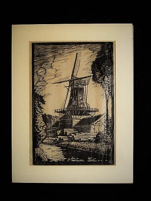 Niet of onleesbaar gesigneerd - Fraaie 1930 gesigneerde Houtsnede "Houtzaagmolen de Nagtegaal Dordrecht" kopen? Bied vanaf 1!