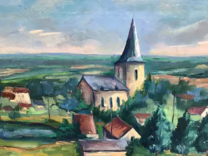 Niet of onleesbaar gesigneerd - Gehucht met kerk. kopen? Bied vanaf 1!