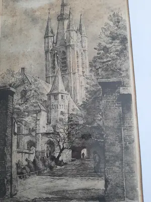 Willem Gerard Hofker - Ets, Prinsenhof en Oude Kerk te Delft kopen? Bied vanaf 45!