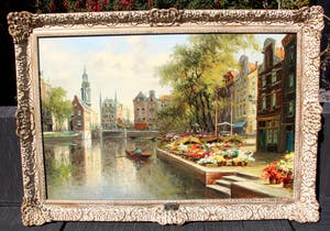 Hendrik ten Hoven - Ingelijste olieverf op paneel: Dutch flower market Amsterdam kopen? Bied vanaf 500!