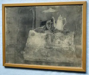 Niet of onleesbaar gesigneerd - Ingelijste prent (litho?) , Man met koffiekan kopen? Bied vanaf 1!
