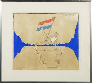 Pieter Holstein - Ets (ingekleurd), Handstand - Ingelijst verkocht voor € 40!