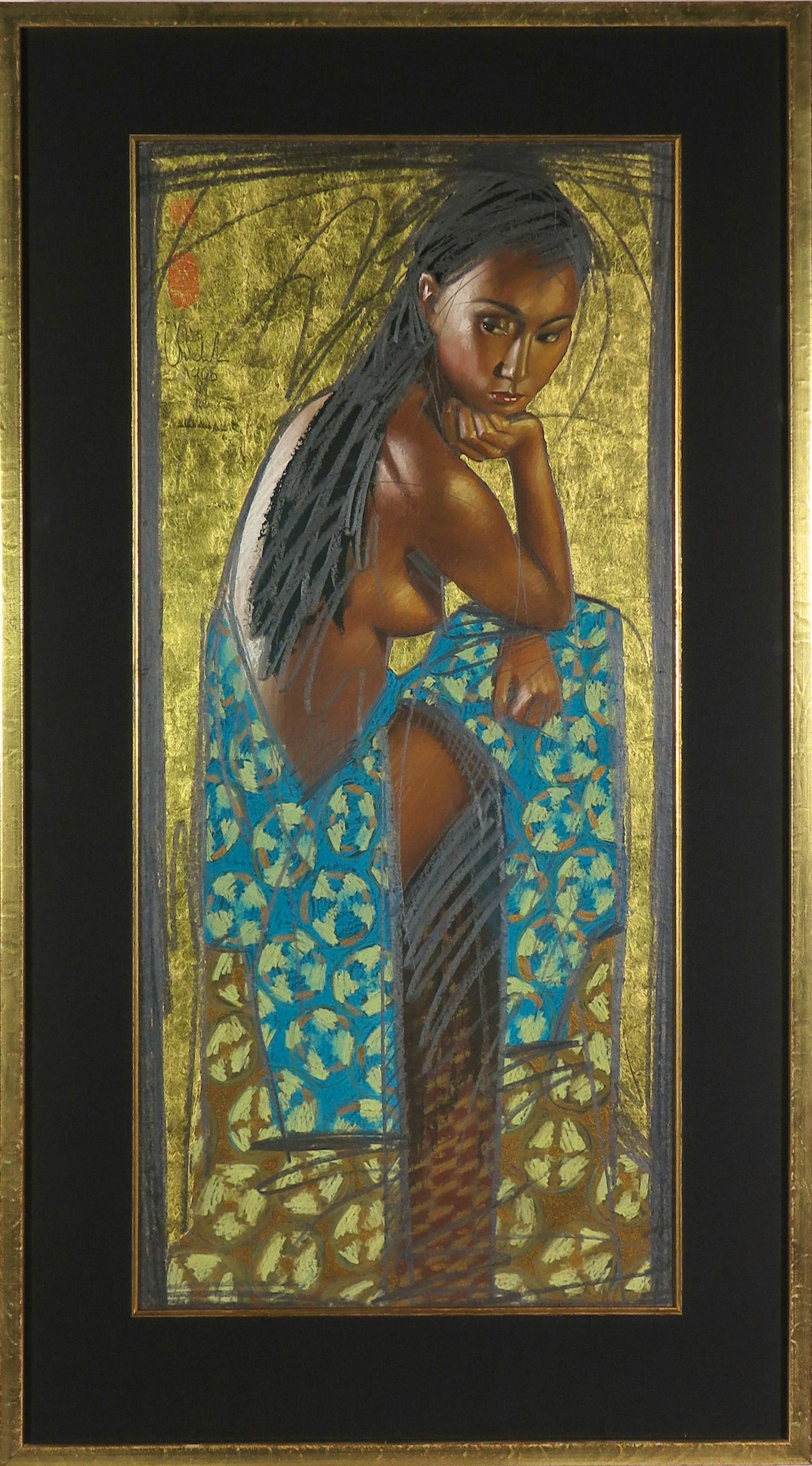 Nico Vrielink - Gemengde techniek op papier, Dame in blauwe jurk - Ingelijst (Groot!) verkocht voor € 400!