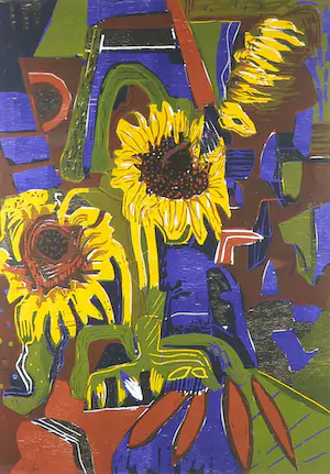 Vincent van Ojen - Houtsnede, Zonnebloem - Ingelijst (Groot) kopen? Bied vanaf 100!