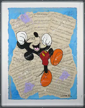 AcheterDon Ken - Acryl op collage van partituren, Mickey Mouse - Ingelijst? Enchérissez de 10!