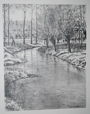 Ad van der Kop - Riviertjes bij Gulpen Limburg, winter - 2 litho's, in passepartout en lijst kopen? Bied vanaf 20!