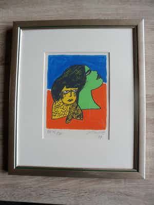 Corneille - Zeefdruk met titel, "Visage et chat jaune ". verkocht voor € 120!
