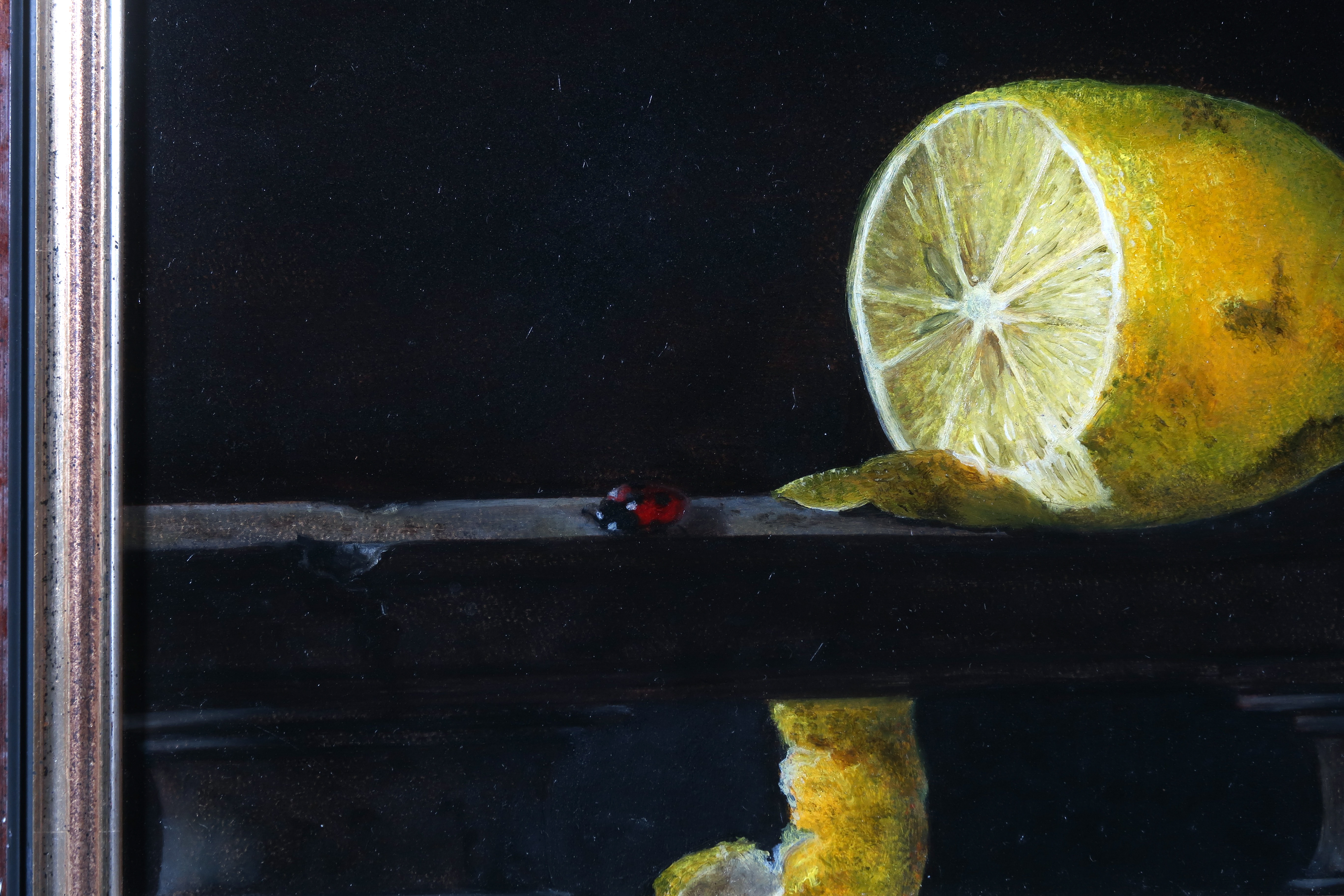 Niet of onleesbaar gesigneerd - Olieverf op board, Citroen met lieveheersbeestje - Ingelijst kopen? Bied vanaf 1!