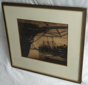 Ton Meyer - Ets, Havengezicht – Enkhuizen? - gesigneerd & ingelijst - 1923 kopen? Bied vanaf 10!