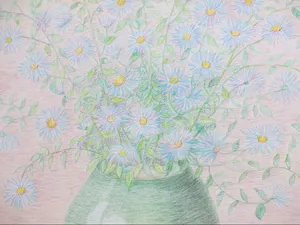 Antoinette van Hoytema - Bloemboeket in groene vaas - Gemengde techniek kopen? Bied vanaf 50!