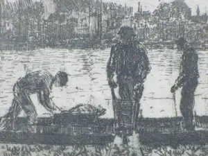 Martin van Waning - Lossende havenarbeiders - Ets kopen? Bied vanaf 1!