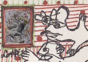 Lotti van der Gaag - gemengde techniek/collage op papier | 'Foto-zelfportret tussen tekeningen' | '92 kopen? Bied vanaf 300!