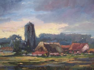 Ricky Damen-Vereijken - Landschap met toren. kopen? Bied vanaf 50!