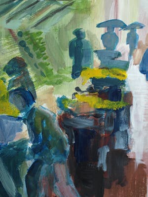 Niet of onleesbaar gesigneerd - Acrylverf en collage , De markt op een regenachtige dag – ingelijst - Groot kopen? Bied vanaf 1!