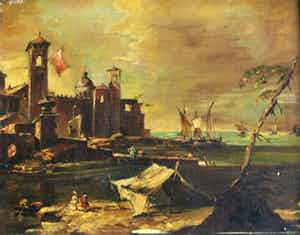 Niet of onleesbaar gesigneerd - Olieverf op doek , “Burcht aan Zee” – ingelijst verkocht voor € 10!