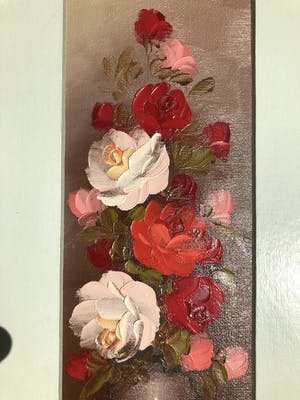 Buy Robert Cox - Rode bloemen in vaas - Olieverf op doek? Bid from 80!