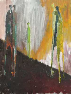 AcheterPeter Leyenaar - (1923-2023) , Acrylverf op canvasboard , Lange figuren II - 1986? Enchérissez de 50!