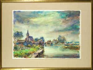 Sjoerd de Vries - Aquarel, Gezicht op Eernewoude - Ingelijst verkocht voor € 35!