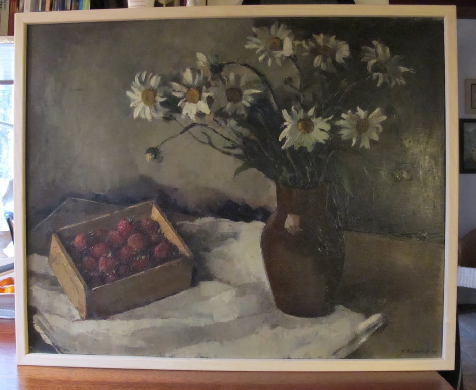 Pierre Hendrix -  P.Hendrix, leuk stilleven met margrieten en aardbeien. olie/doek. kopen? Bied vanaf 1!