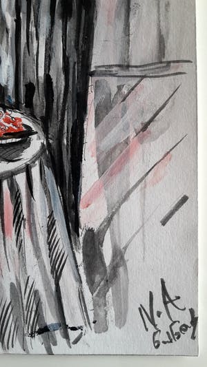 Natia Antadze - Dame im Caffè – Tekening/Acryl - handgesigneerd kopen? Bied vanaf 1!