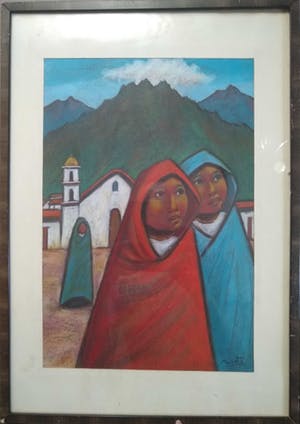 Niet of onleesbaar gesigneerd - Mexicaanse school - Vrouwen bij een kerk kopen? Bied vanaf 10!