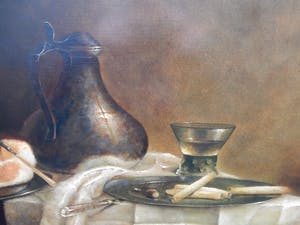 Peer Verrijt - klassiek stilleven, met kan, ham, tinnen bord, roemer, champagne flute, kleed kopen? Bied vanaf 350!