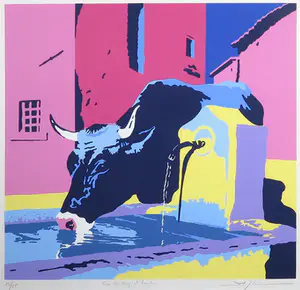 Marco Kooiman - Zeefdruk, Cow drinking at fountain - Ingelijst kopen? Bied vanaf 50!