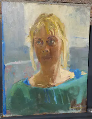 Pieter Pander - Portret van blonde vrouw in tegenlicht, olieverf op hardboard kopen? Bied vanaf 375!