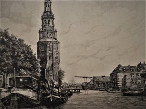 Jacob van Rossum - Mooie Ets - omstreeks 1920 - Amsterdam Montelbaanstoren - gesigneerd kopen? Bied vanaf 32!