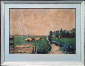 Jacob Oudes - Koeien in Noord Hollands Landschap - aquarel - ingelijst - 21911 verkocht voor € 75!