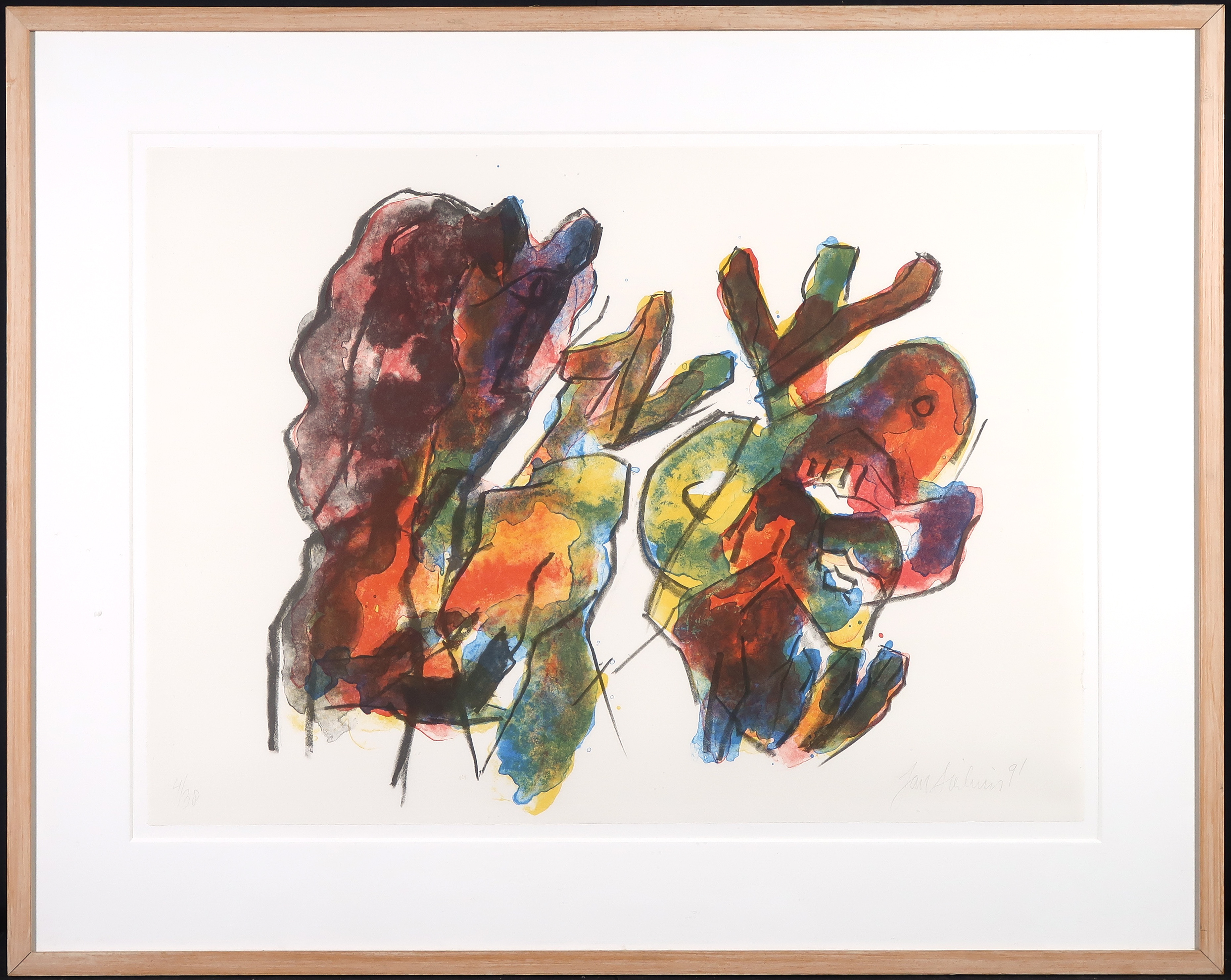 Jan Sierhuis - Litho, Z.T. Dierfiguren - Ingelijst verkocht voor € 80!