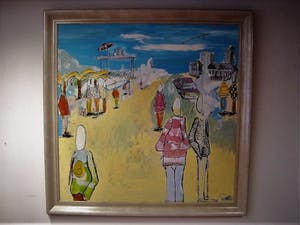 Niet of onleesbaar gesigneerd - Vrolijk modern Acryl/Doek schilderij "Strandgezicht" gesigneerd en GROOT!! kopen? Bied vanaf 1!