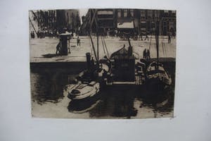 Willem Witsen - Ets: Damrak met gezicht op een steiger en een bouwput kopen? Bied vanaf 250!