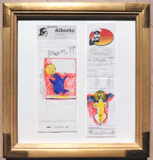 Corneille - Vrouw en vogel op kassabonnen, stifttekeningen op papier (mooi ingelijst) kopen? Bied vanaf 1000!