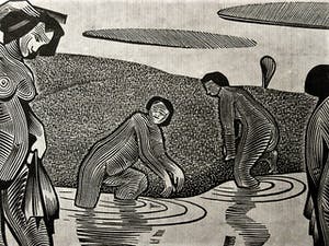 Niet of onleesbaar gesigneerd - Interessante, gestileerde Houtsnede "Baadsters" gesigneerd kopen? Bied vanaf 1!