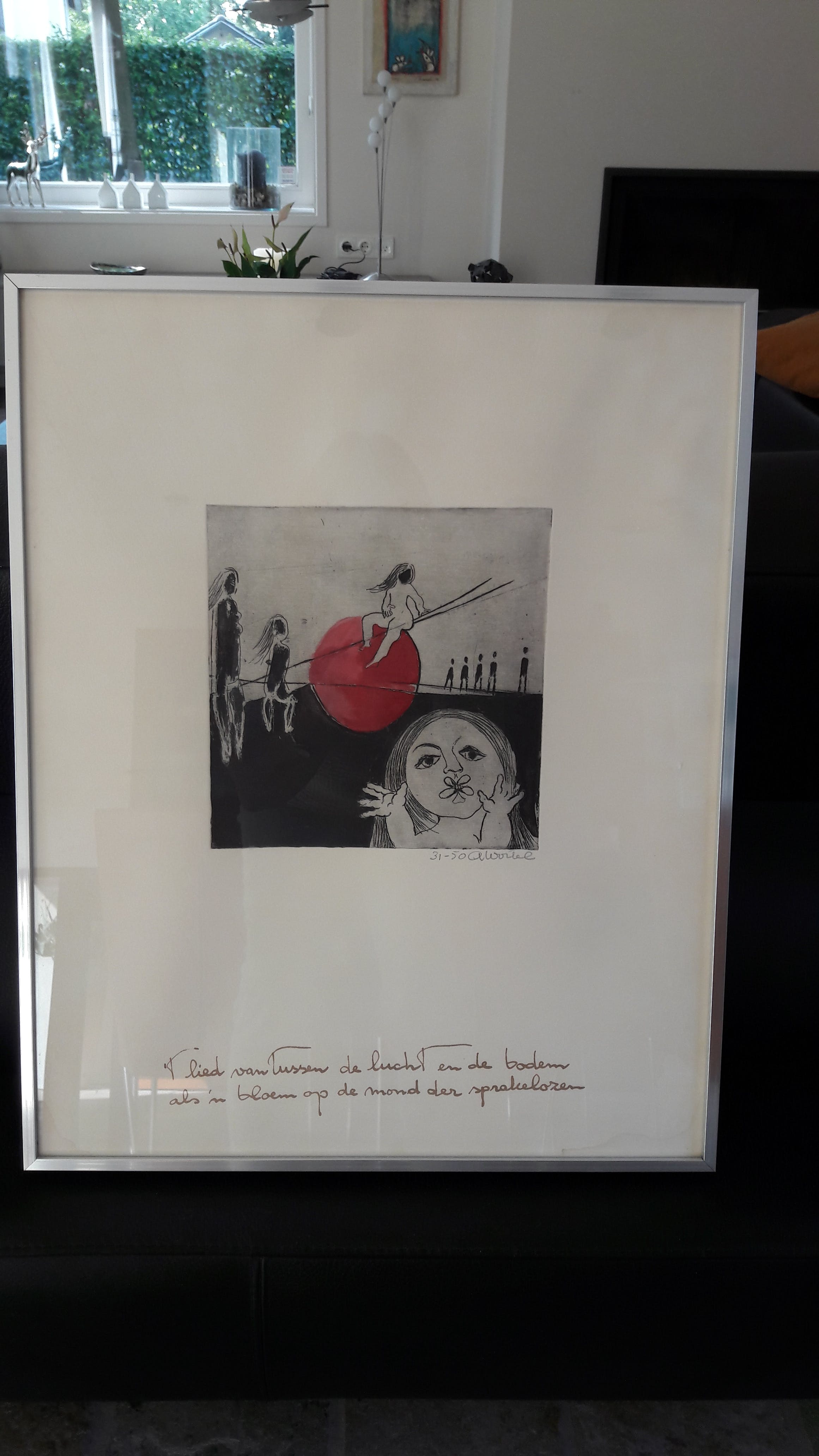 Ans Wortel - Zeefdruk 31-50, pentekening, zwart-grijs met rood. verkocht voor € 30!